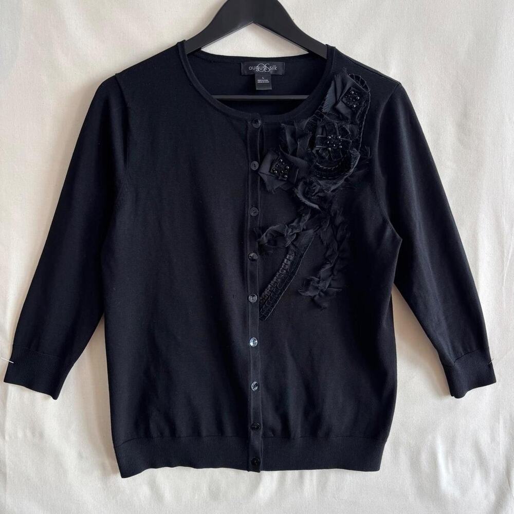 VTG August Silk Black 3D Floral Beaded Cardigan WhimsyGoth - Size L